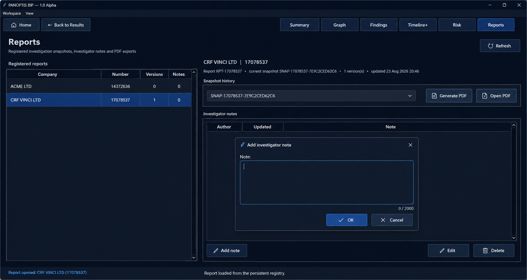 PANOPTIS Reports workspace with snapshot history and investigator notes